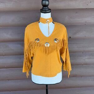 Vtg 90s Western Fringe Concho Top Mustard Yellow Choker Neck Made in USA Small